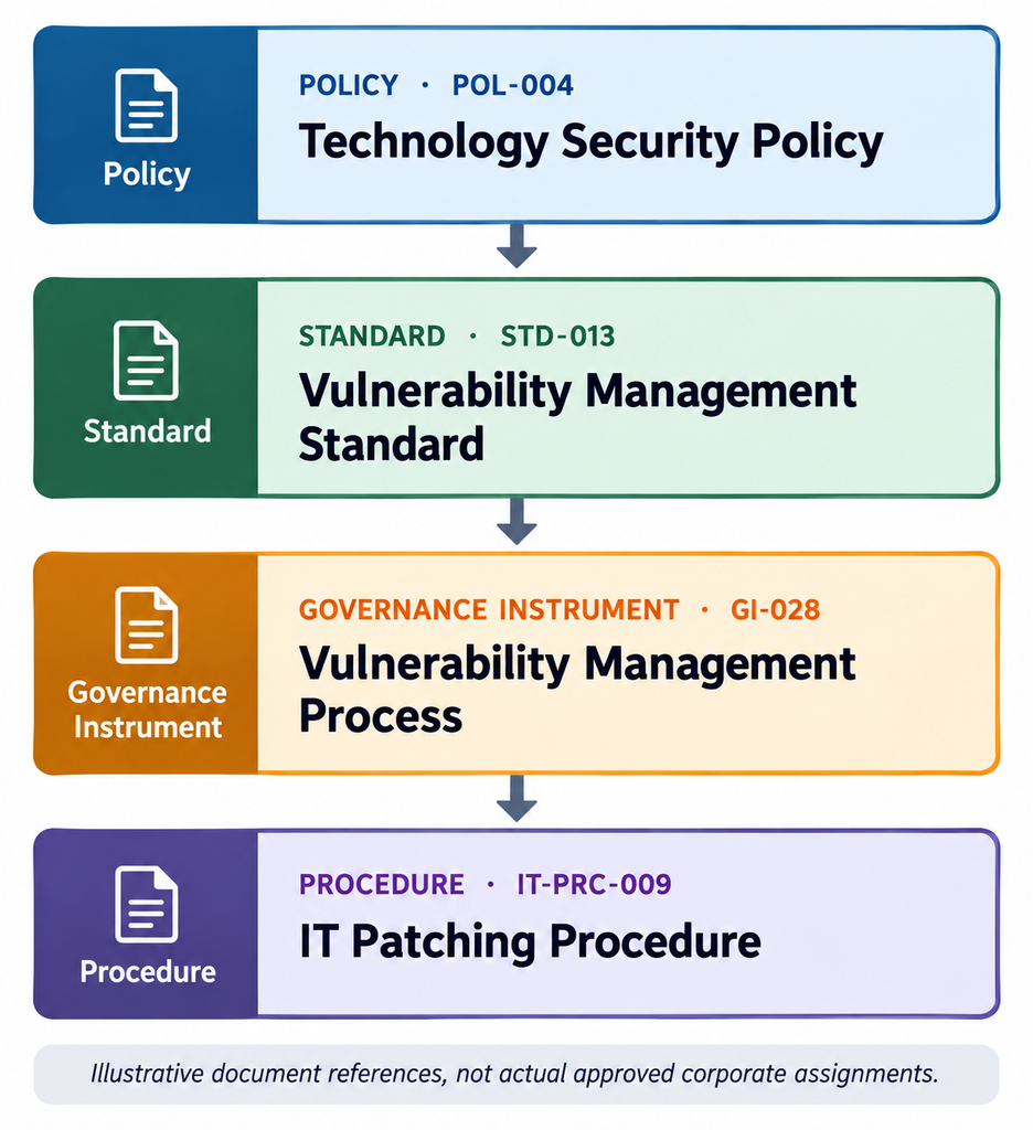 Vertical traceability diagram showing Technology Security Policy POL-004, Vulnerability Management Standard STD-013, Vulnerability Management Process GI-028, and IT Patching Procedure IT-PRC-009, connected by downward arrows.